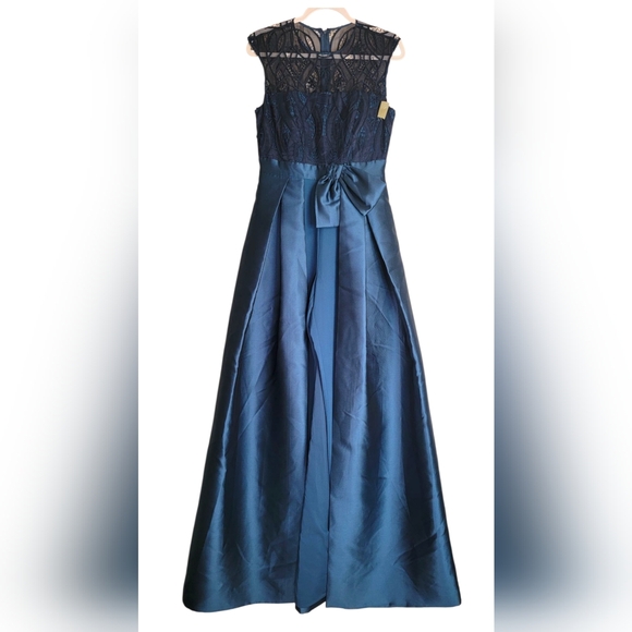 Kay Unger Blue Lace Jacquard Skirt Overlay Walk-Thru Jumpsuit Formal Gown Size 6